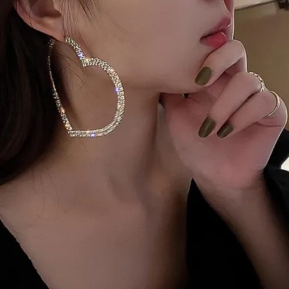 Huge Rhinestone Heart Silver Hoop Earrings CZ Crystal Pave Hoops New - Picture 6 of 14